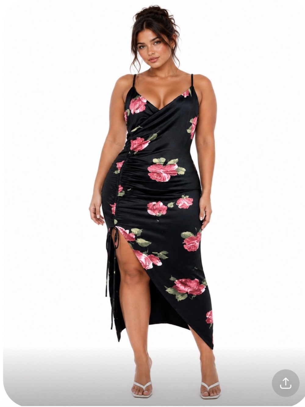 JLUXLABEL Floral Ruched V-Neck Bodycon Maxi Dress Slit Size L